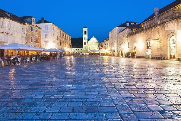St. Stephens Cathedral in St. Stephens Square at night, Hvar Town, Hvar Island, Dalmatian Coast, Croatia, Europe