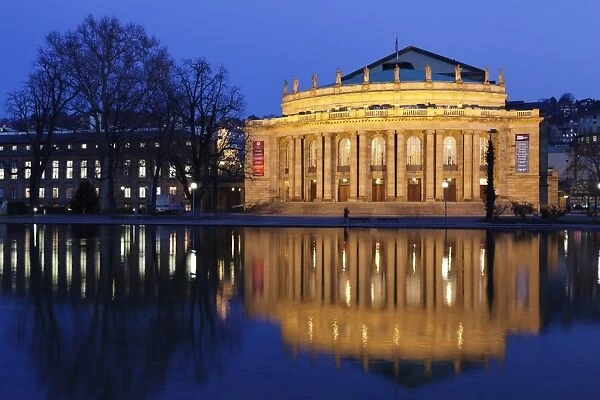 Staatstheater (Stuttgart theatre and opera house) at night, reflecting in the Eckensee, Schlosspark, Stuttgart, Baden Wurttemberg, Germany, Europe