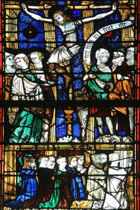 Framed Print : Stained glass from the 13th century of the Crucifixion, Chapel St Framed Print : Stained glass from the 13th century of the Crucifixion, Chapel St