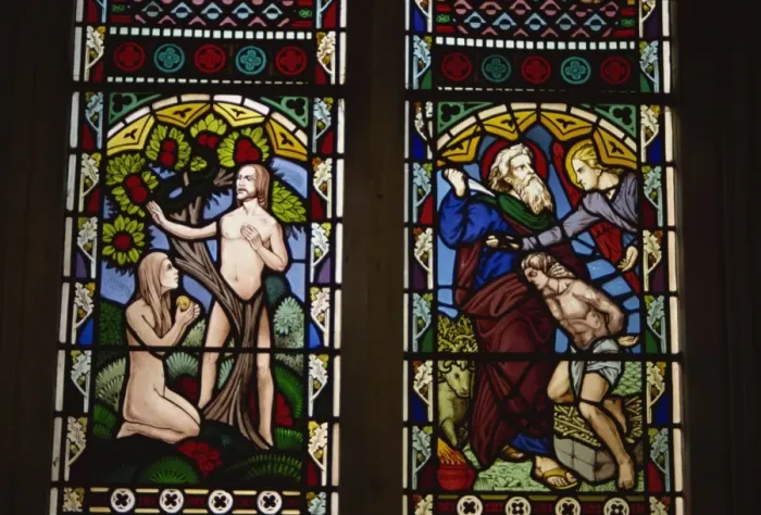 Framed Print : Stained glass of Adam and Eve, and Abraham preparing to sacrifice Isaac, St Framed Print : Stained glass of Adam and Eve, and Abraham preparing to sacrifice Isaac, St