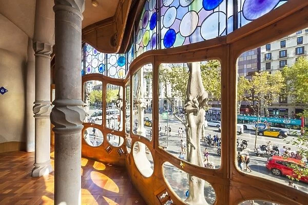 Stained glass in Casa Batllo, a modernist building by Antoni Gaudi, UNESCO World Heritage Site