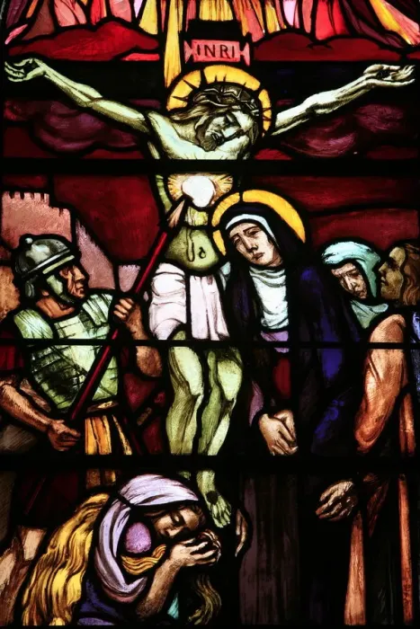 Framed Print : Stained glass of Christ on the cross, in Saint-Pierre de Solesmes Abbey, Solesmes, Sarthe Framed Print : Stained glass of Christ on the cross, in Saint-Pierre de Solesmes Abbey, Solesmes, Sarthe