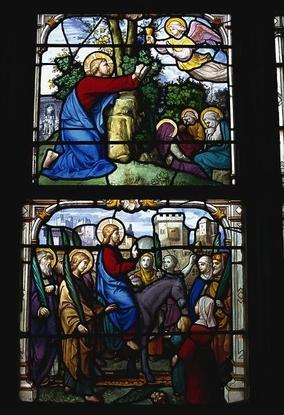Stained glass of Christ entering Jerusalem and the Garden of Gethsemane