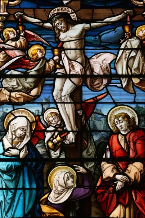 Framed Print : Stained glass of the Crucifixion, San Jeronimos church, Madrid, Spain, Europe Framed Print : Stained glass of the Crucifixion, San Jeronimos church, Madrid, Spain, Europe