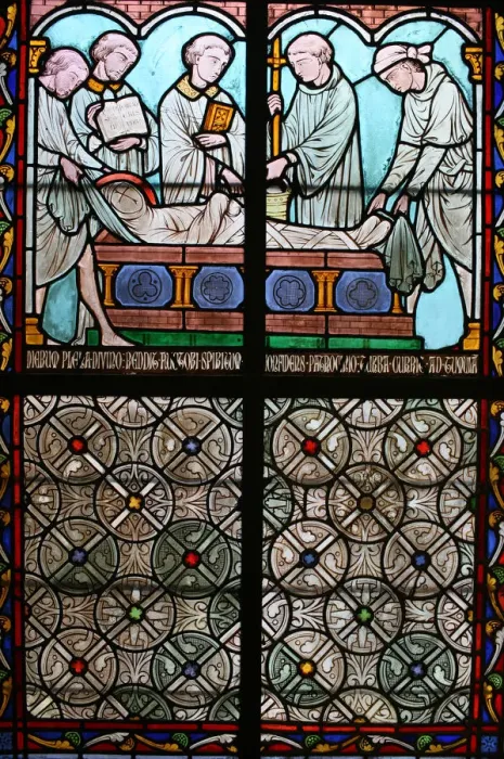 Framed Print : Stained glass depicting Sainte Genevieves life, cloister of Notre-Dame de Paris Framed Print : Stained glass depicting Sainte Genevieves life, cloister of Notre-Dame de Paris