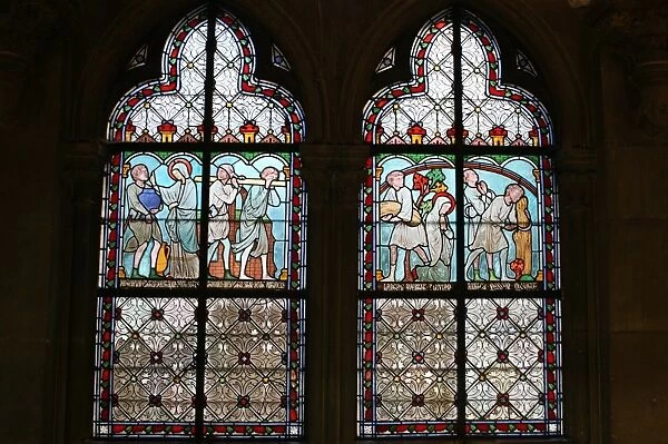 Stained glass depicting Sainte Genevieves life, cloister of Notre-Dame de Paris cathedral, Paris, France, Europe