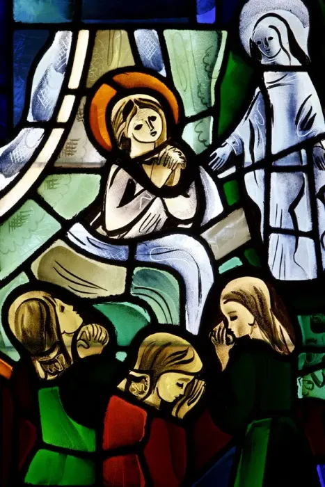 Framed Print : Stained glass depicting Sainte Therese de Lisieux healed by Mary in Framed Print : Stained glass depicting Sainte Therese de Lisieux healed by Mary in