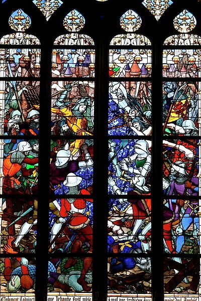 Stained glass of Joan of Arc in Sainte-Croix cathedral, Orleans, Loiret, France, Europe