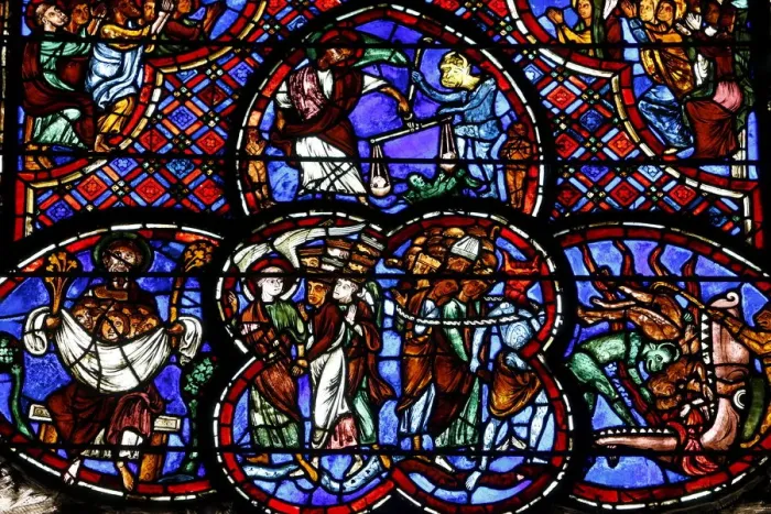 Framed Print : Stained glass of the Last Judgment in Bourges cathedral, Bourges, Cher, France, Europe Framed Print : Stained glass of the Last Judgment in Bourges cathedral, Bourges, Cher, France, Europe