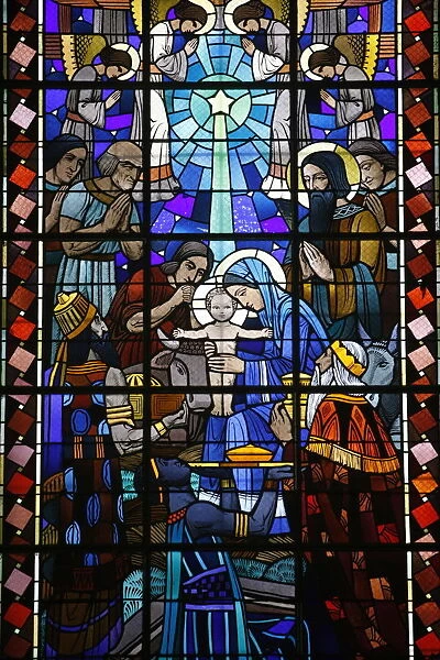 Stained glass of Nativity in Notre Dame du Rosaire Catholic church, Saint-Ouen