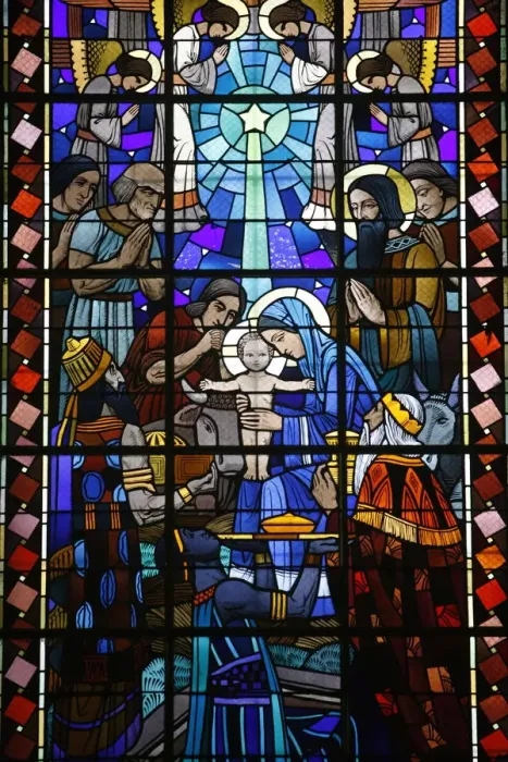 Framed Print : Stained glass of Nativity in Notre Dame du Rosaire Catholic church, Saint-Ouen