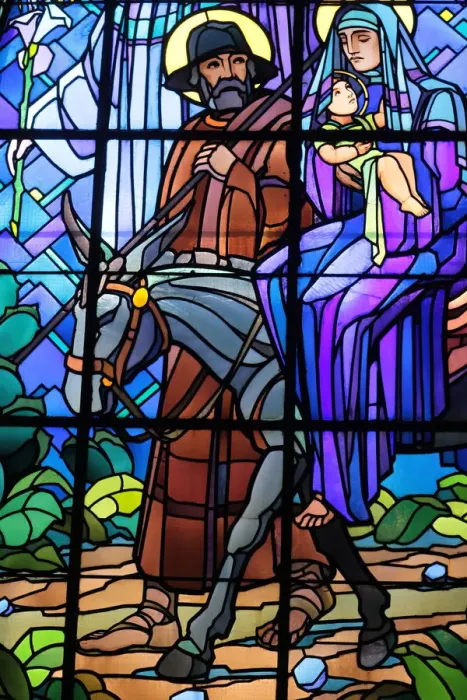 Framed Print : Stained glass by Raphael Lardeur of the Flight into Egypt, St Framed Print : Stained glass by Raphael Lardeur of the Flight into Egypt, St
