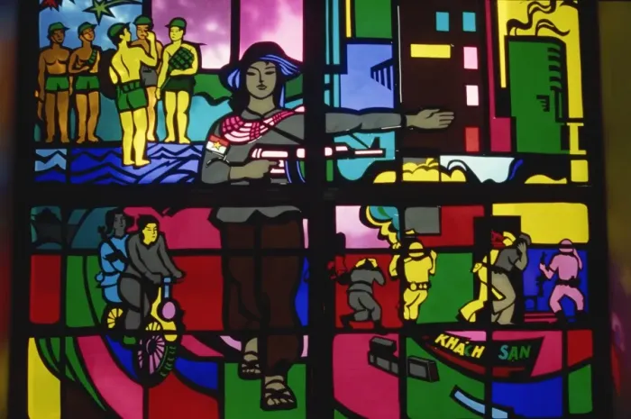 Framed Print : Stained glass with revolutionary theme in the Army Museum in Hanoi