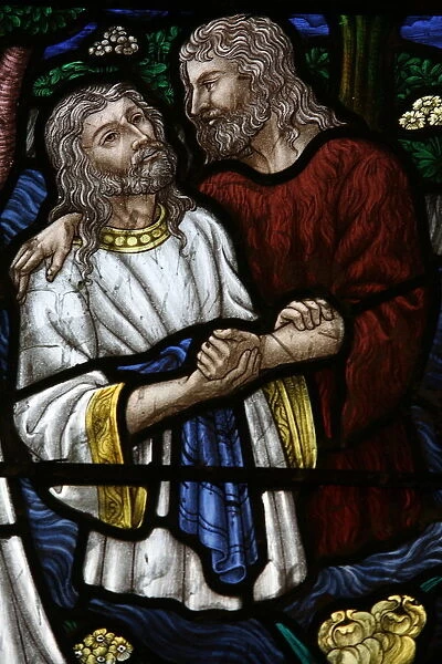Stained glass of St. John baptising Jesus, Jerusalem, Israel, Middle East