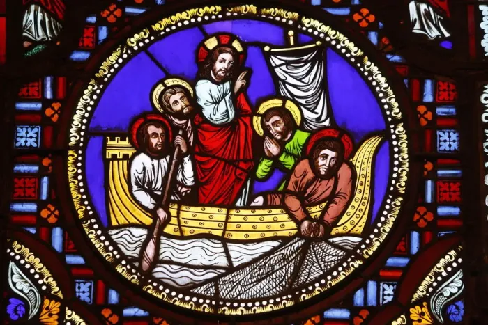 Framed Print : Stained glass of St. Peter fishing in Ainay Basilica, Lyon, Rhone, France, Europe Framed Print : Stained glass of St. Peter fishing in Ainay Basilica, Lyon, Rhone, France, Europe