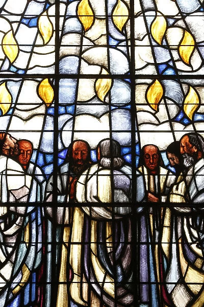 Stained glass of Whit Sunday, in La Madeleine Protestant church, Geneva, Switzerland