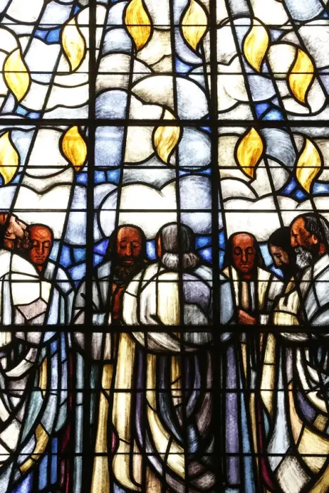 Framed Print : Stained glass of Whit Sunday, in La Madeleine Protestant church, Geneva, Switzerland Framed Print : Stained glass of Whit Sunday, in La Madeleine Protestant church, Geneva, Switzerland
