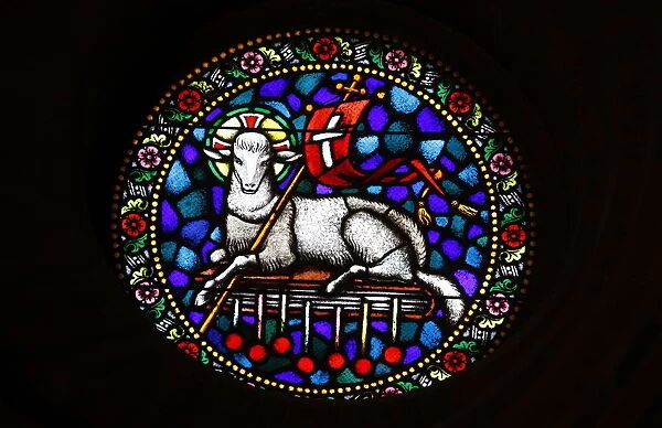 A stained glass window of Christ the Lamb in St. Matthias church, Budapest, Hungary
