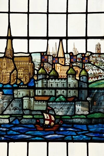Detail from a stained glass window in the church of All Hallows by the Tower