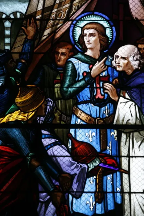 Framed Print : Stained glass window of the crusading St. Louis meeting the Emir, St Framed Print : Stained glass window of the crusading St. Louis meeting the Emir, St