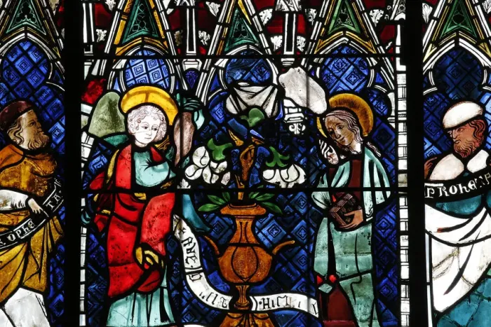 Framed Print : Stained glass window dating from the 14th century depicting the Announcement made to Mary Framed Print : Stained glass window dating from the 14th century depicting the Announcement made to Mary