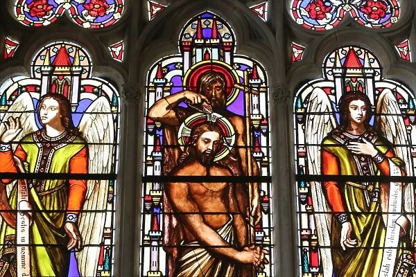 Stained glass window depicting the Baptism of Jesus by John the Baptist, St. Germain l Auxerrois church, Paris, France, Europe