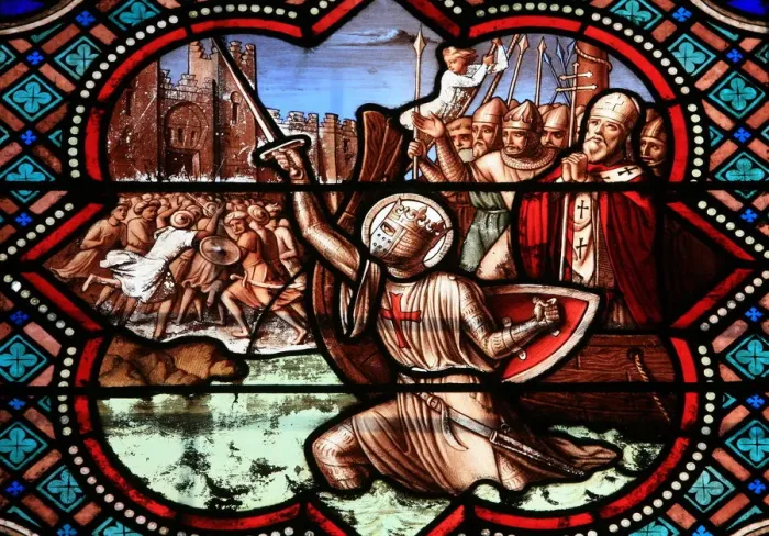 Framed Print : Stained glass window depicting the life of St. Louis, Senlis cathedral, Senlis, Oise Framed Print : Stained glass window depicting the life of St. Louis, Senlis cathedral, Senlis, Oise