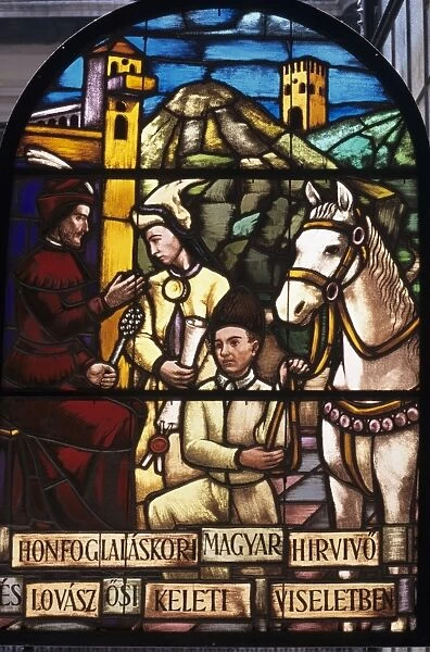 Stained-glass window depicting Magyar leaders in the Postal Museum (Postamuzeum), Budapest, Hungary, Europe