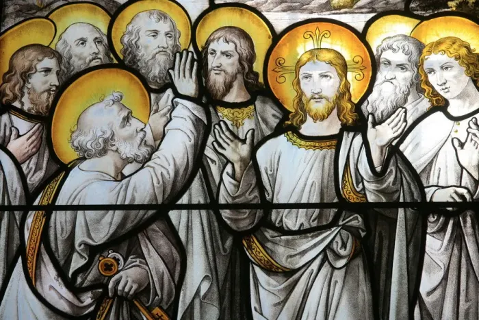 Framed Print : Stained glass window depicting St. Peter protesting his fidelity to Christ Framed Print : Stained glass window depicting St. Peter protesting his fidelity to Christ