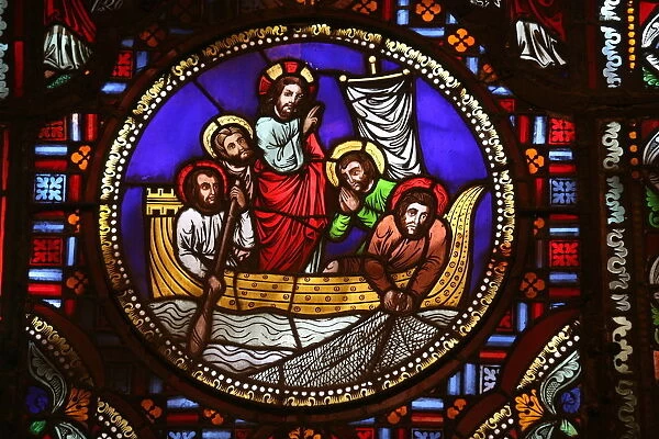 Stained glass window of the miracle of fishing, Lyon, Rhone, France, Europe