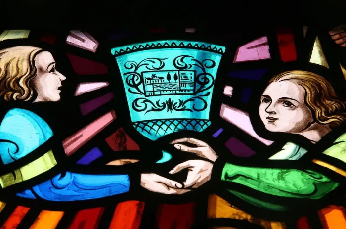 Framed Print : Stained glass window showing the Romance of St. Graal, Threhorenteuc, Morbihan, Brittany Framed Print : Stained glass window showing the Romance of St. Graal, Threhorenteuc, Morbihan, Brittany