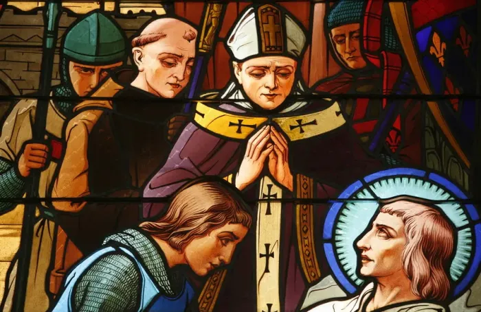 Framed Print : Stained glass window of St. Louiss death in Tunis, St Framed Print : Stained glass window of St. Louiss death in Tunis, St