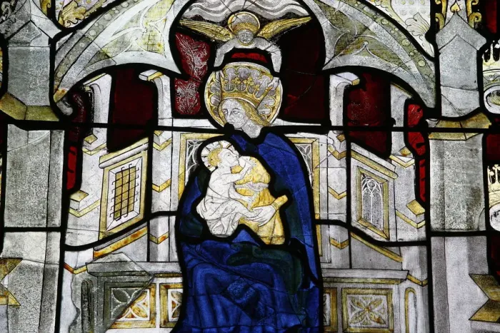 Framed Print : Stained glass window of the Virgin and Child at Collegiale Notre-Dame des Marais Framed Print : Stained glass window of the Virgin and Child at Collegiale Notre-Dame des Marais