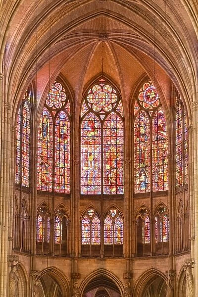 Stained glass windows above the choir in Saint-Pierre-et-Saint-Paul de Troyes cathedral, in Gothic style, dating from around 1200, Troyes, Aube, Champagne-Ardennes, France, Europe