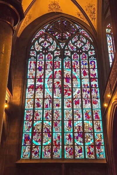 Stained-glass windows, Saint Nicholas Chapel, Aachen Cathedral, UNESCO World Heritage Site, North Rhine Westphalia, Germany, Europe