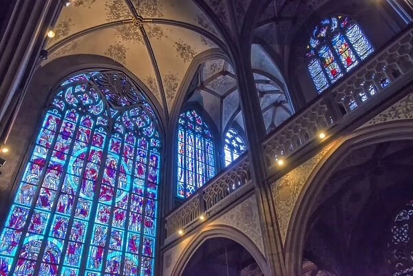 Stained-glass windows, Saint Nicholas Chapel, Aachen Cathedral, UNESCO World Heritage Site, North Rhine Westphalia, Germany, Europe
