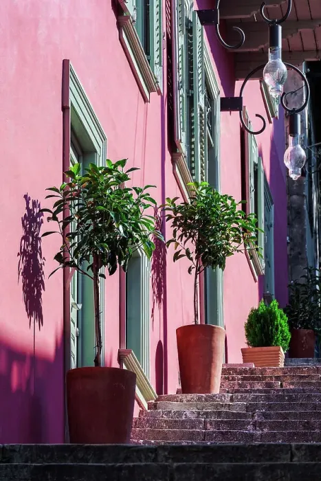 Framed Print : A staircase with large decorative plant pots outside a traditional house with a vivid wall color and wooden shutters in Nafplion, Peloponnese, Greece, Europe Framed Print : A staircase with large decorative plant pots outside a traditional house with a vivid wall color and wooden shutters in Nafplion, Peloponnese, Greece, Europe