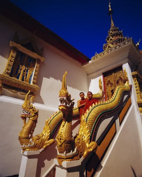 Framed Print : Staircase with Nagas (sacred snake) and two Buddhist monks