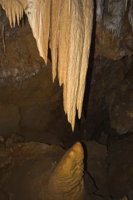 Framed Print : Stalactites close to creating a column with stalagmite below at Ngilgi Cave