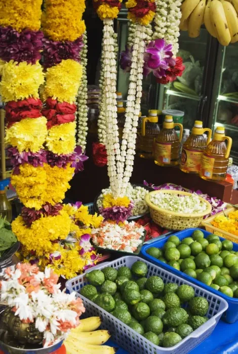 Framed Print : Stall selling fruit and flower garlands for temple offerings Framed Print : Stall selling fruit and flower garlands for temple offerings
