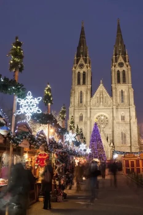 Framed Print : Stalls of the Christmas Market, Christmas tree and Neo-Gothic St. Ludmilla Church Framed Print : Stalls of the Christmas Market, Christmas tree and Neo-Gothic St. Ludmilla Church