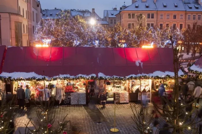 Framed Print : Stalls at Christmas Market in the evening, Old Town Square, Stare Mesto Framed Print : Stalls at Christmas Market in the evening, Old Town Square, Stare Mesto