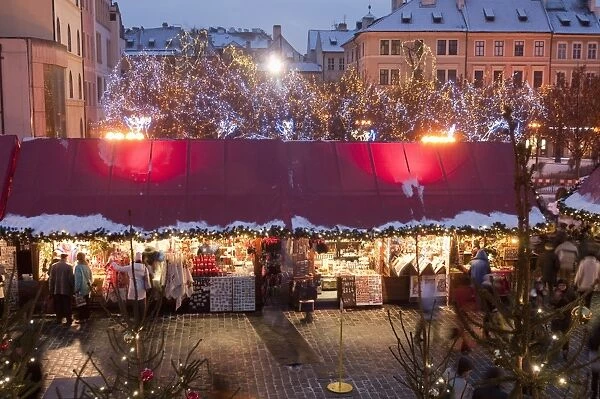 Stalls at Christmas Market in the evening, Old Town Square, Stare Mesto