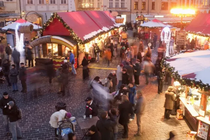 Framed Print : Stalls and people at Christmas Market at dusk, Old Town Square, Stare Mesto, Prague, Czech Republic