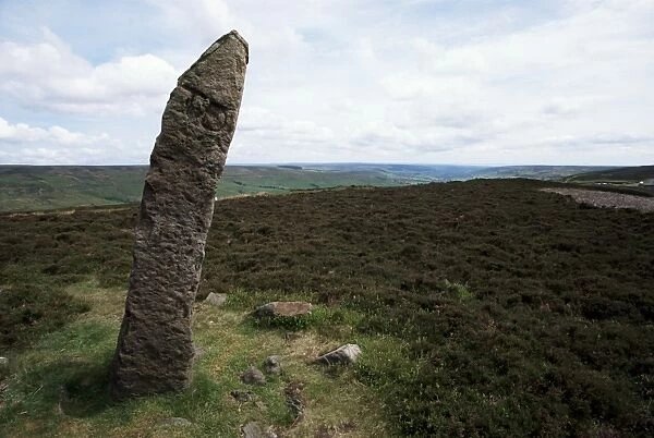 Standing stone, Flat Howe tumulus, Westerdale, Yorkshire, England, United Kingdom, Europe