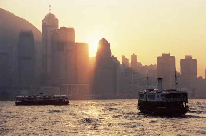 Framed Print : Star ferries, Victoria Harbour and Hong Kong Island skyline at sunset, Hong Kong Framed Print : Star ferries, Victoria Harbour and Hong Kong Island skyline at sunset, Hong Kong