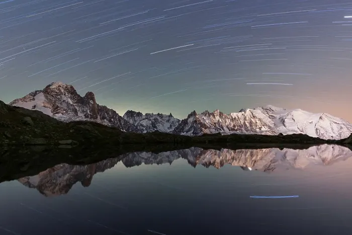 Framed Print : Star trail over Mont Blanc range seen from Lac de Cheserys, Chamonix, French Alps, Haute Savoie, France, Europe Framed Print : Star trail over Mont Blanc range seen from Lac de Cheserys, Chamonix, French Alps, Haute Savoie, France, Europe