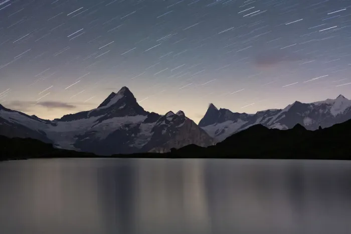 Framed Print : Star trail in the night sky over Bachalpsee lake, Grindelwald, Bernese Oberland