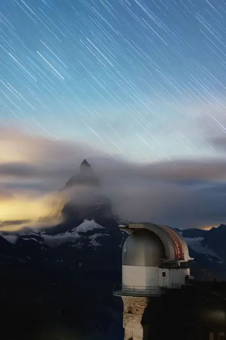 Framed Print : Star trail in the night sky on Matterhorn from observatory tower of Kulmhotel Gornergrat Framed Print : Star trail in the night sky on Matterhorn from observatory tower of Kulmhotel Gornergrat