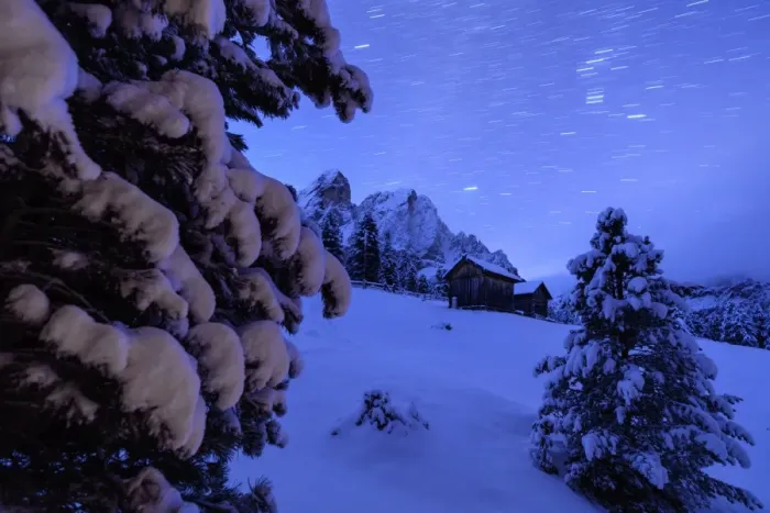 Framed Print : Star trail and snowy trees frame the wooden hut and Sass De Putia, Passo Delle Erbe Framed Print : Star trail and snowy trees frame the wooden hut and Sass De Putia, Passo Delle Erbe